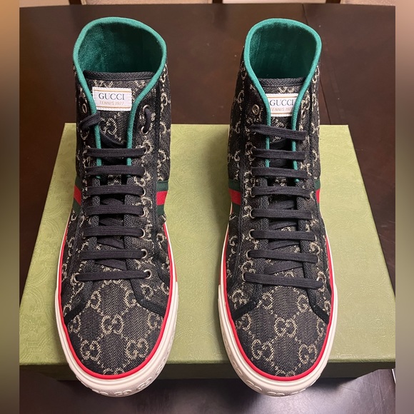 New Gucci Tennis 1977  GG Supreme Denim High Sneaker Shoes Size UK 12 / US 12.5 - Picture 13 of 16